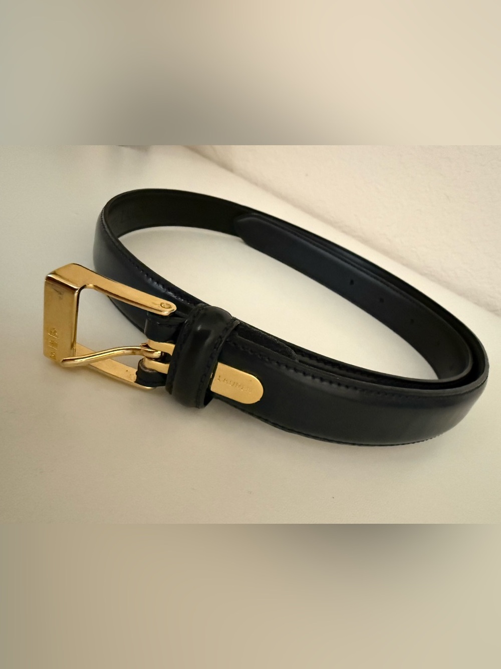 Ralph Lauren Navy Leather Belt with Gold Buckle Size L Made in Italy